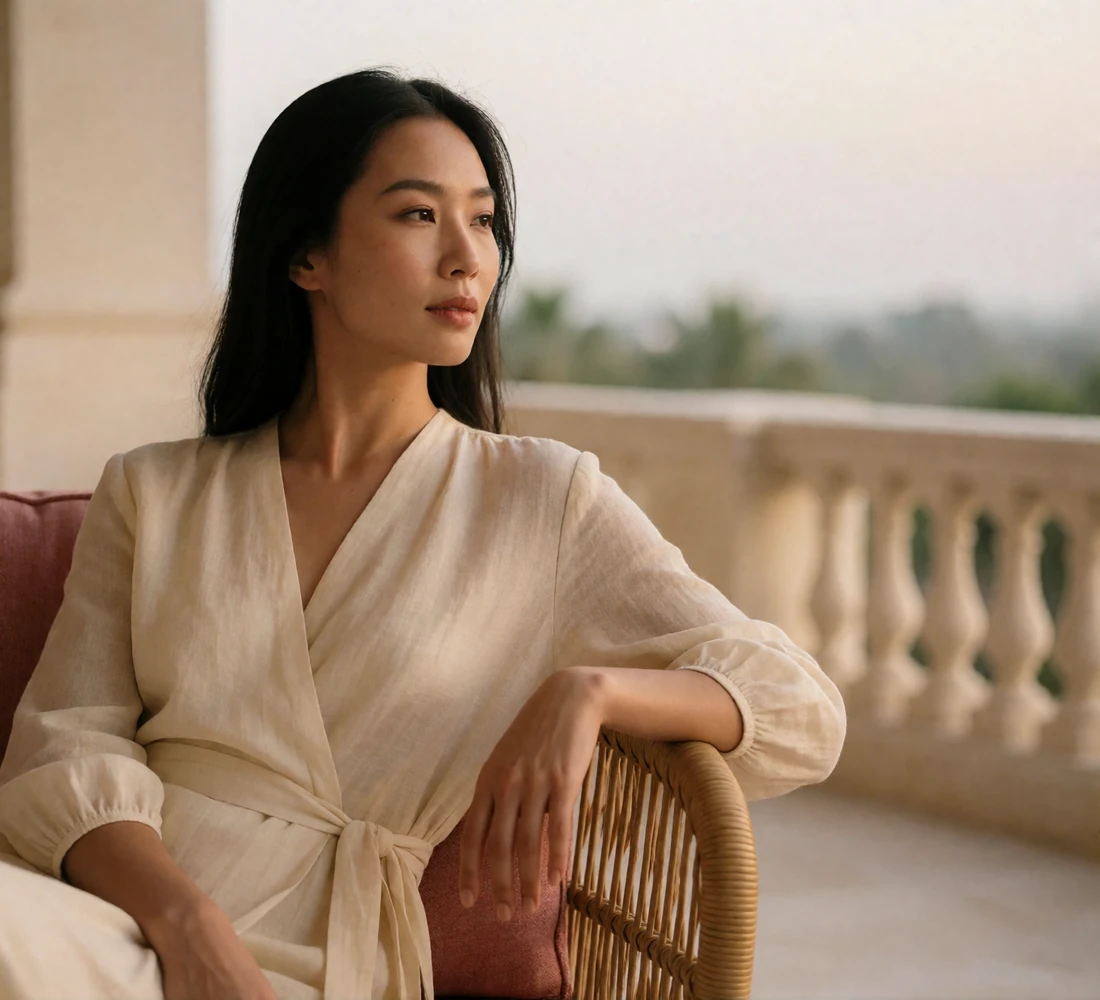 Graceful Asian woman in a cream wrap blouse seated on a hotel terrace, looking calmly toward the horizon
