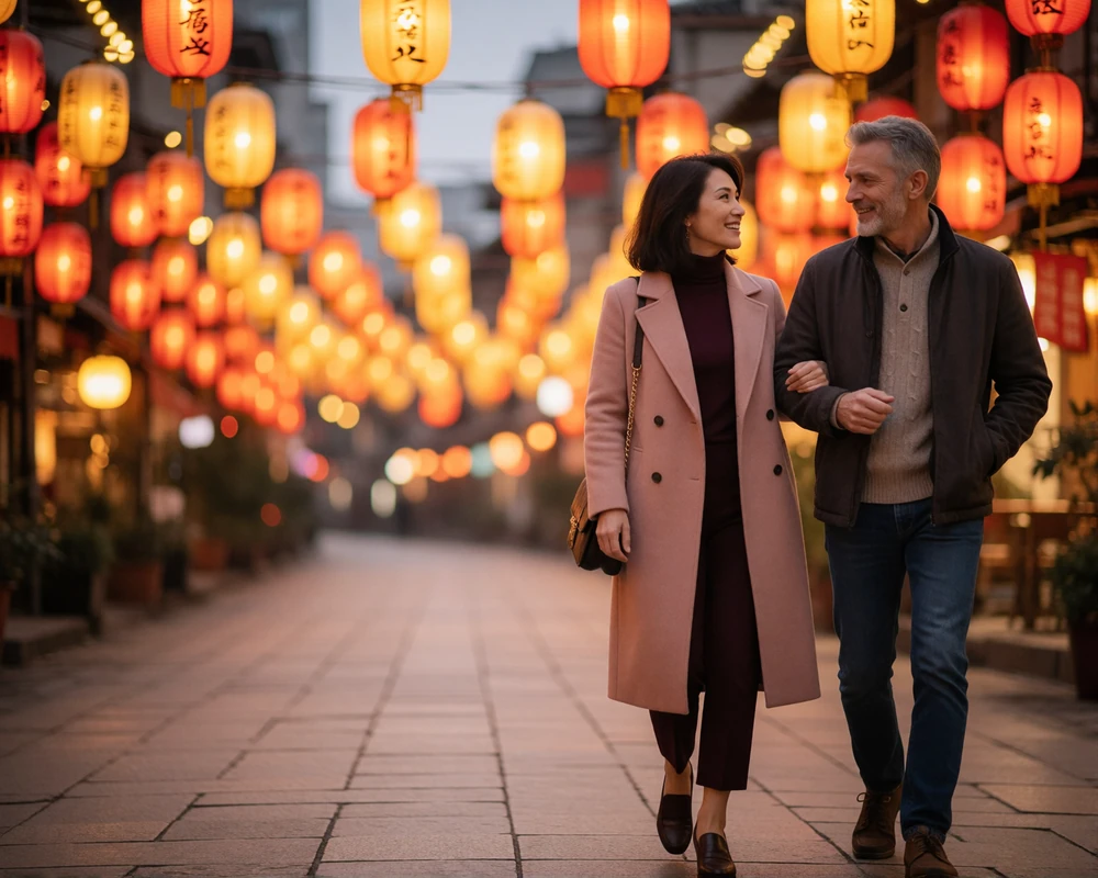 Couple walking arm in arm along a lantern-lit evening street, smiling mid-conversation
