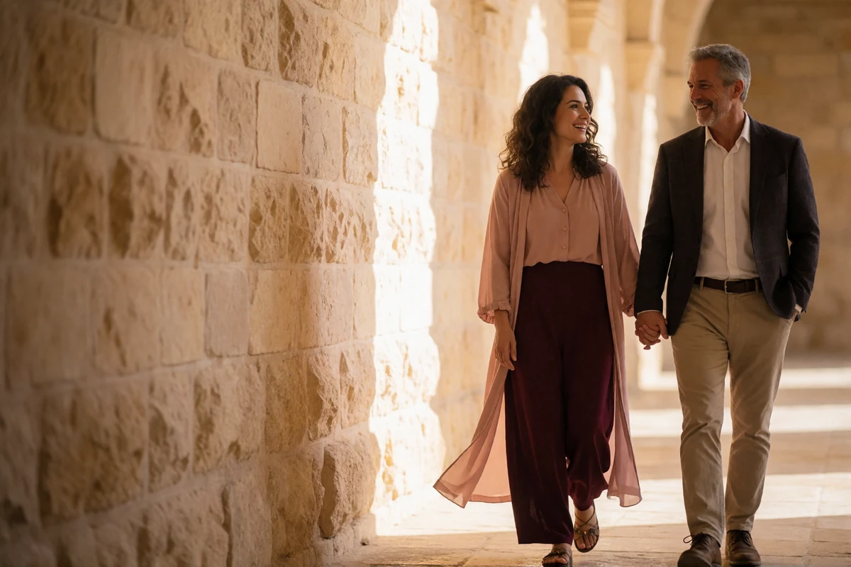 Couple walking hand in hand along a sunlit stone colonnade, laughing quietly together