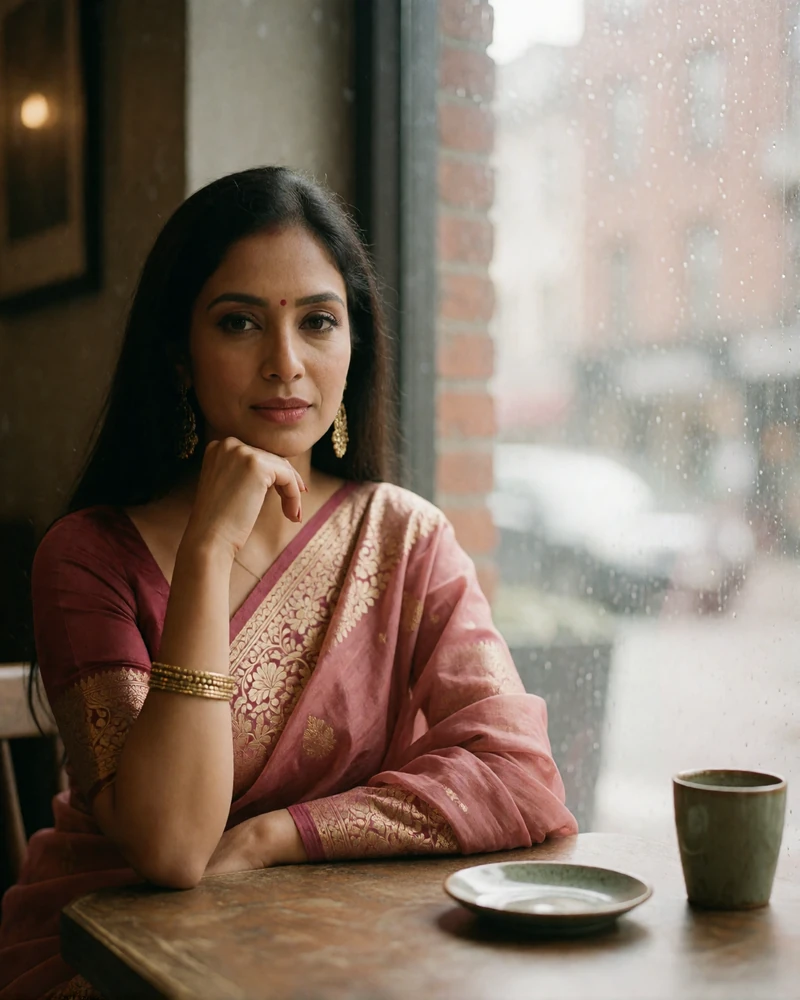 Poised Bangladeshi woman in a rosewood-toned sari seated at a café table beside a sunlit window