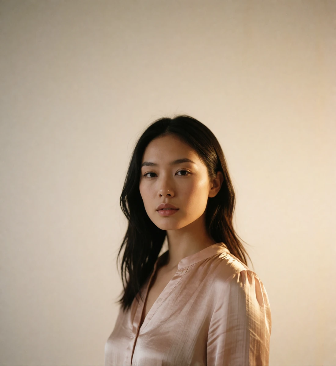 Confident Asian woman in a soft blush blouse standing against a plain ivory studio wall with a direct, composed gaze