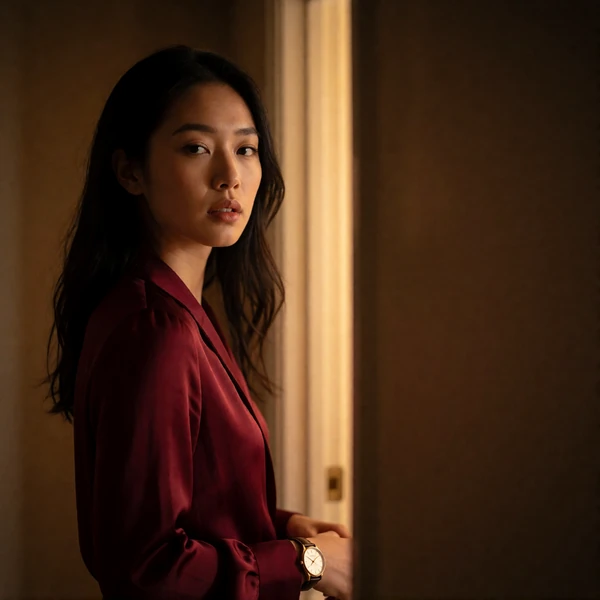 Watchful Asian woman in a deep burgundy blouse glancing back over her shoulder in a dim hallway