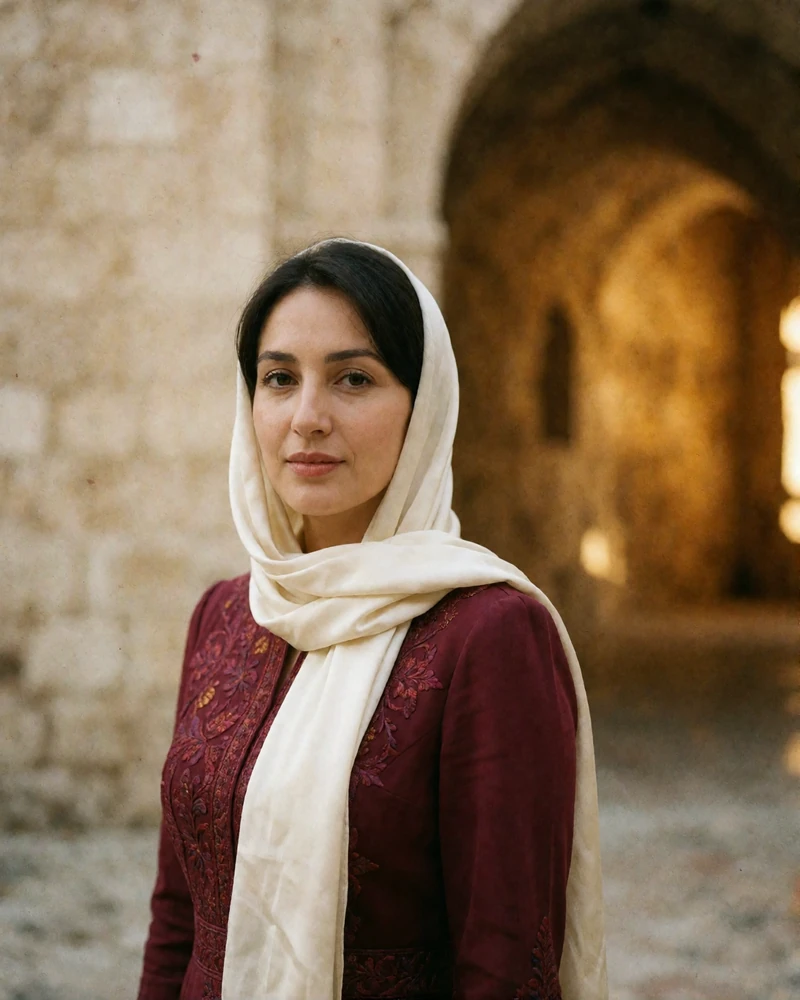 Dignified Tajik woman in an ivory silk headscarf standing beneath a sunlit stone archway