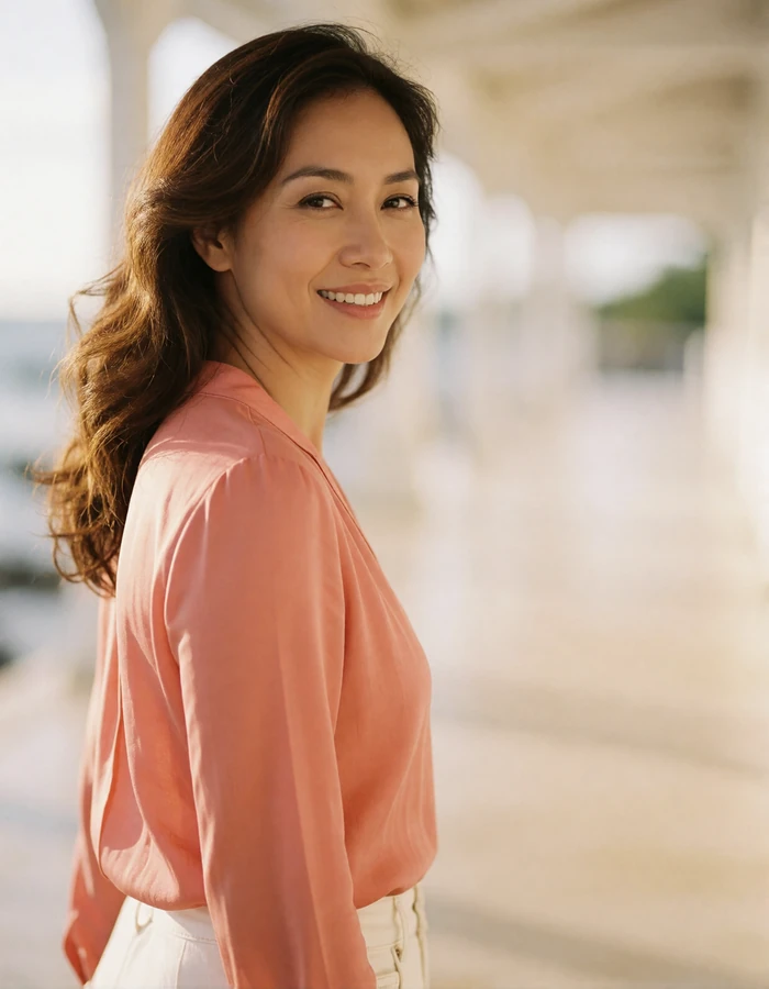 Filipina woman in a coral-blush blouse walking through a bright open-air promenade with a welcoming smile