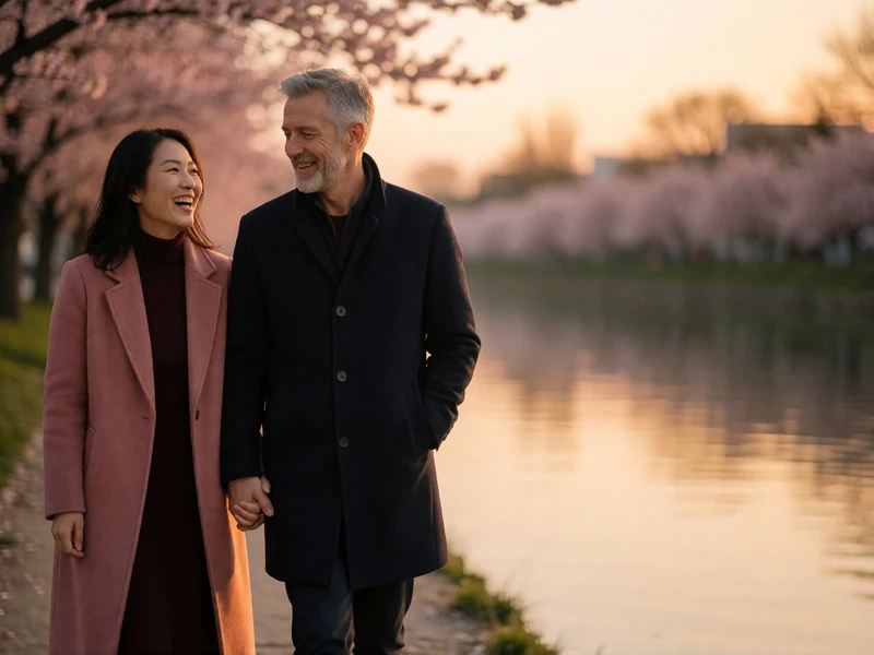 Married couple walking hand in hand along a quiet riverside promenade at golden hour