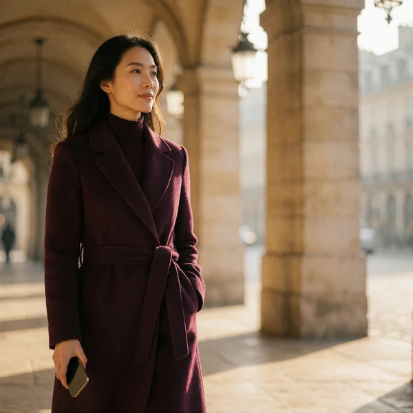 Elegant Asian woman in a plum coat walking through a sunlit city arcade while holding her phone at her side
