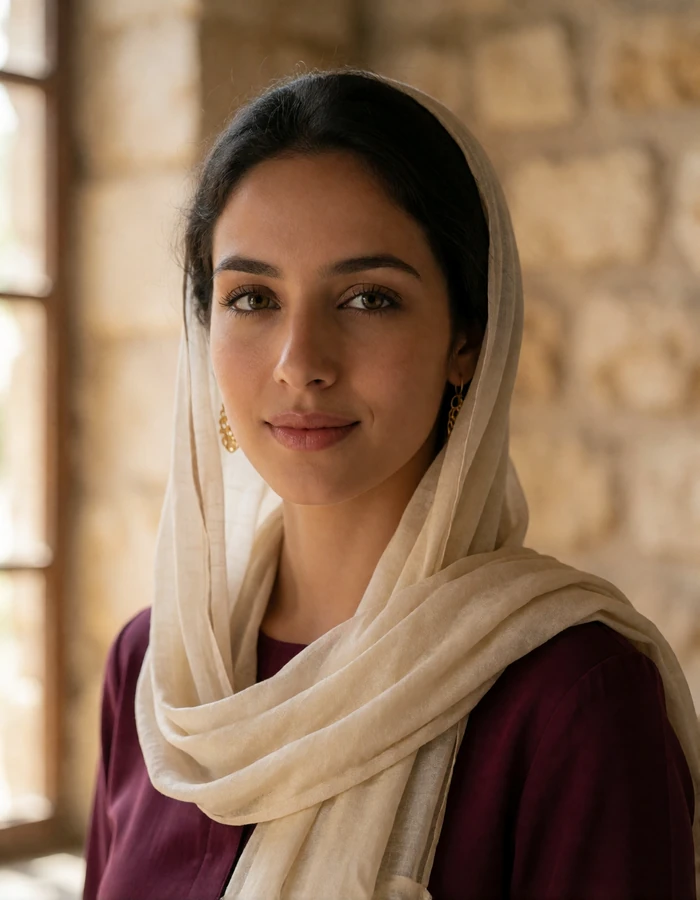 Yemeni woman in an ivory draped scarf and deep wine top smiling gently in a warmly lit interior