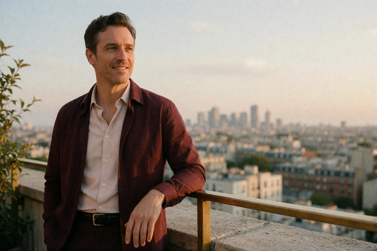 Man in an open-collar shirt standing at a rooftop terrace railing at golden hour, a relaxed lifestyle photo example