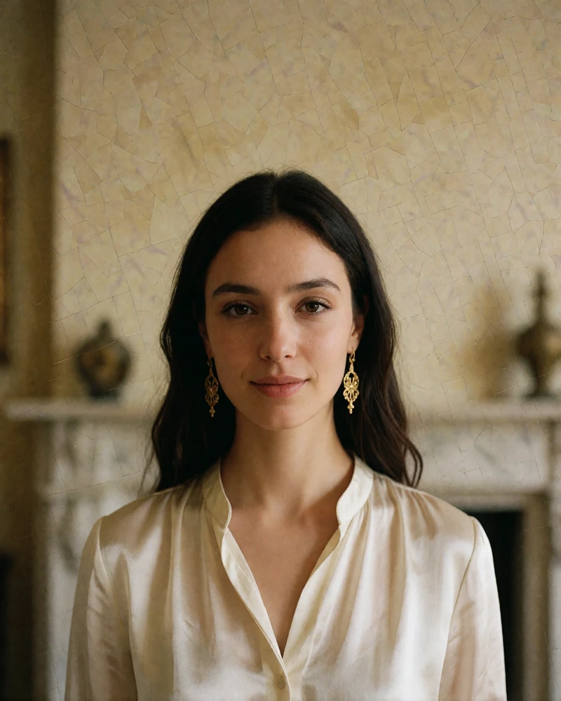 Smiling Turkmen woman in an ivory silk blouse with delicate gold earrings photographed in a warm marble-toned interior