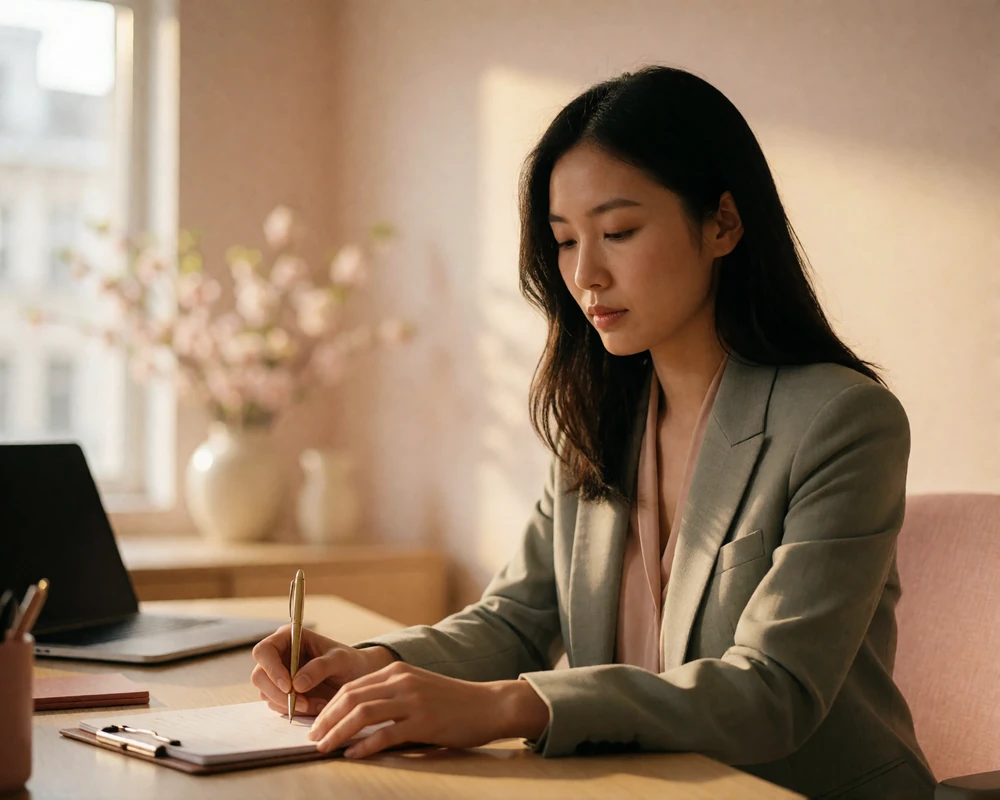 Professional Asian woman in a grey blazer working attentively at a desk in a calm modern office