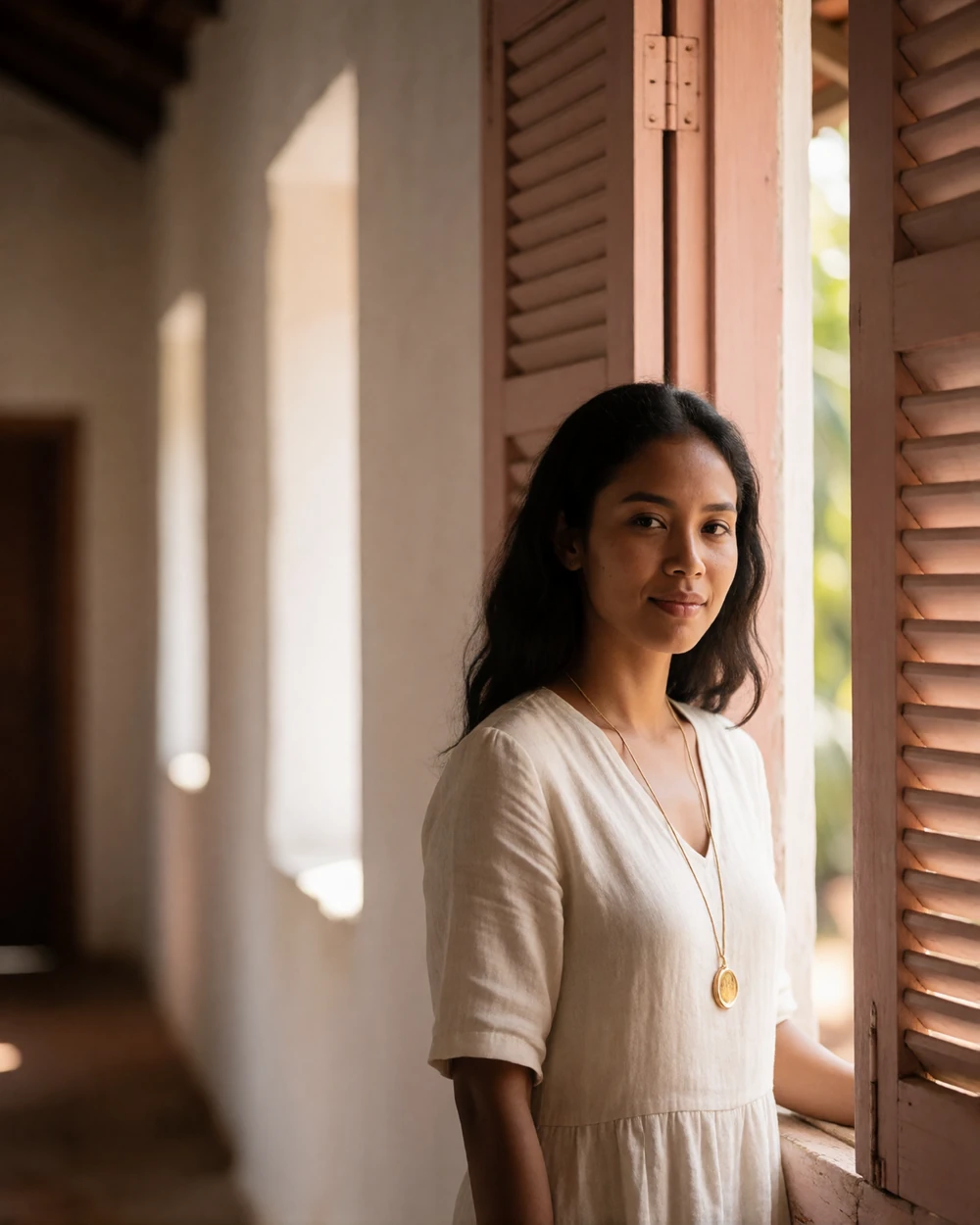Confident Timorese woman in an ivory linen dress standing beside a sunlit shuttered window in a colonial-style room