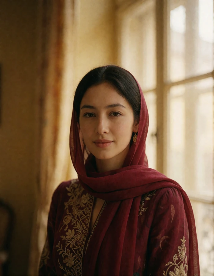 Afghan woman in a deep red embroidered dress and headscarf photographed beside a softly lit window