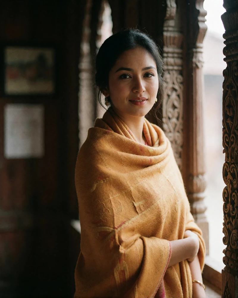 Poised Nepali woman wrapped in a saffron pashmina shawl standing beside a carved wooden window