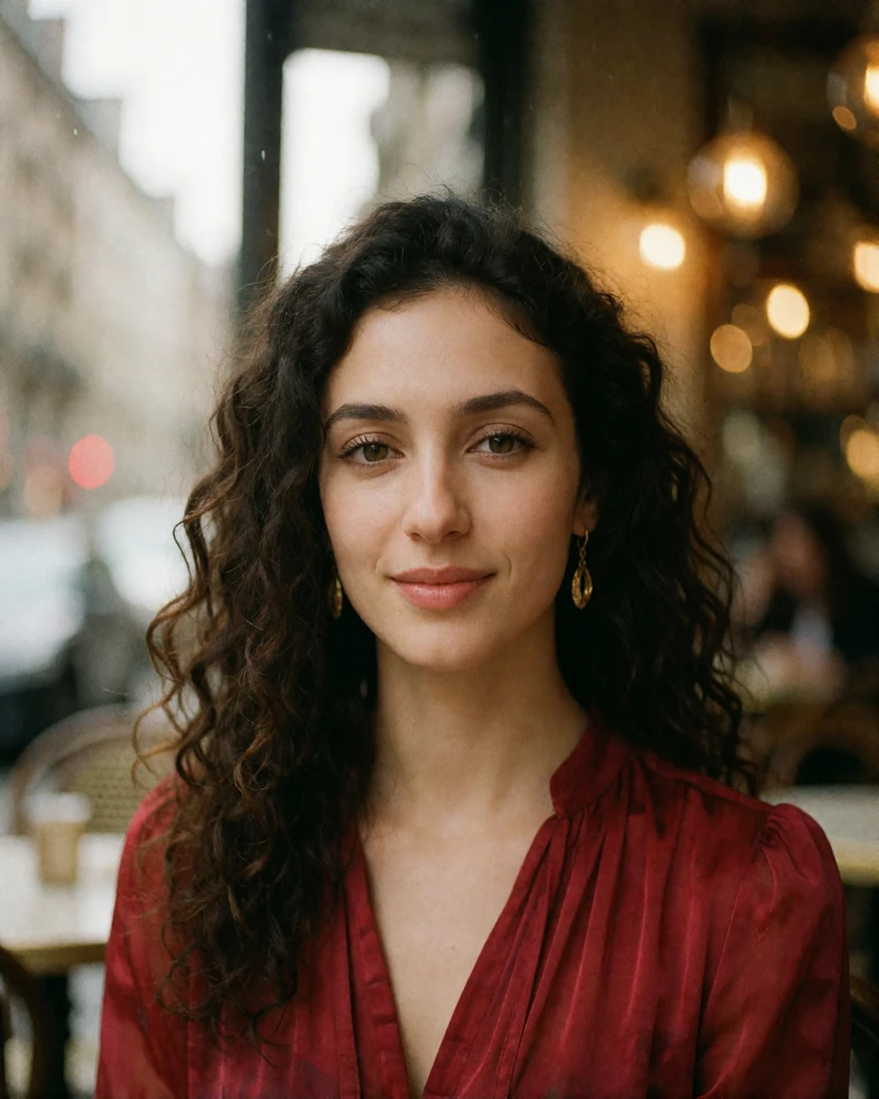 Smiling Armenian woman with dark curly hair in a deep red blouse photographed in a warmly lit café setting