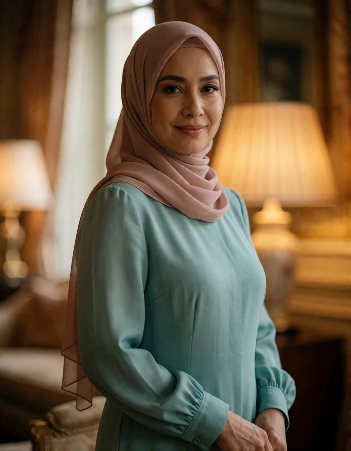 Elegant Bruneian woman in a soft teal long-sleeved dress and blush headscarf standing in a quiet lounge with warm lamplight