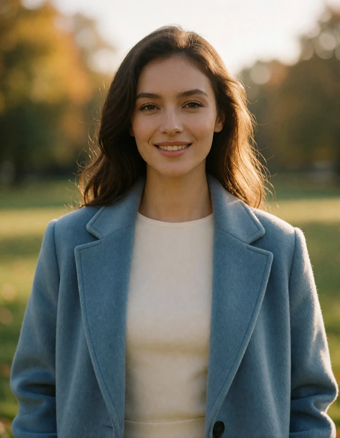 Cheerful Kazakh woman in a soft blue wool coat standing outdoors in parkland near Karaganda