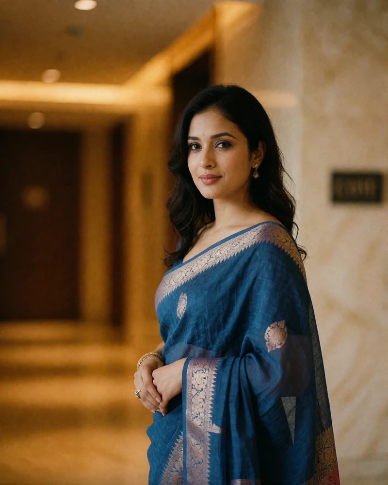 Graceful Bangladeshi woman in an indigo blue sari with a woven border standing in a warmly lit hotel lobby
