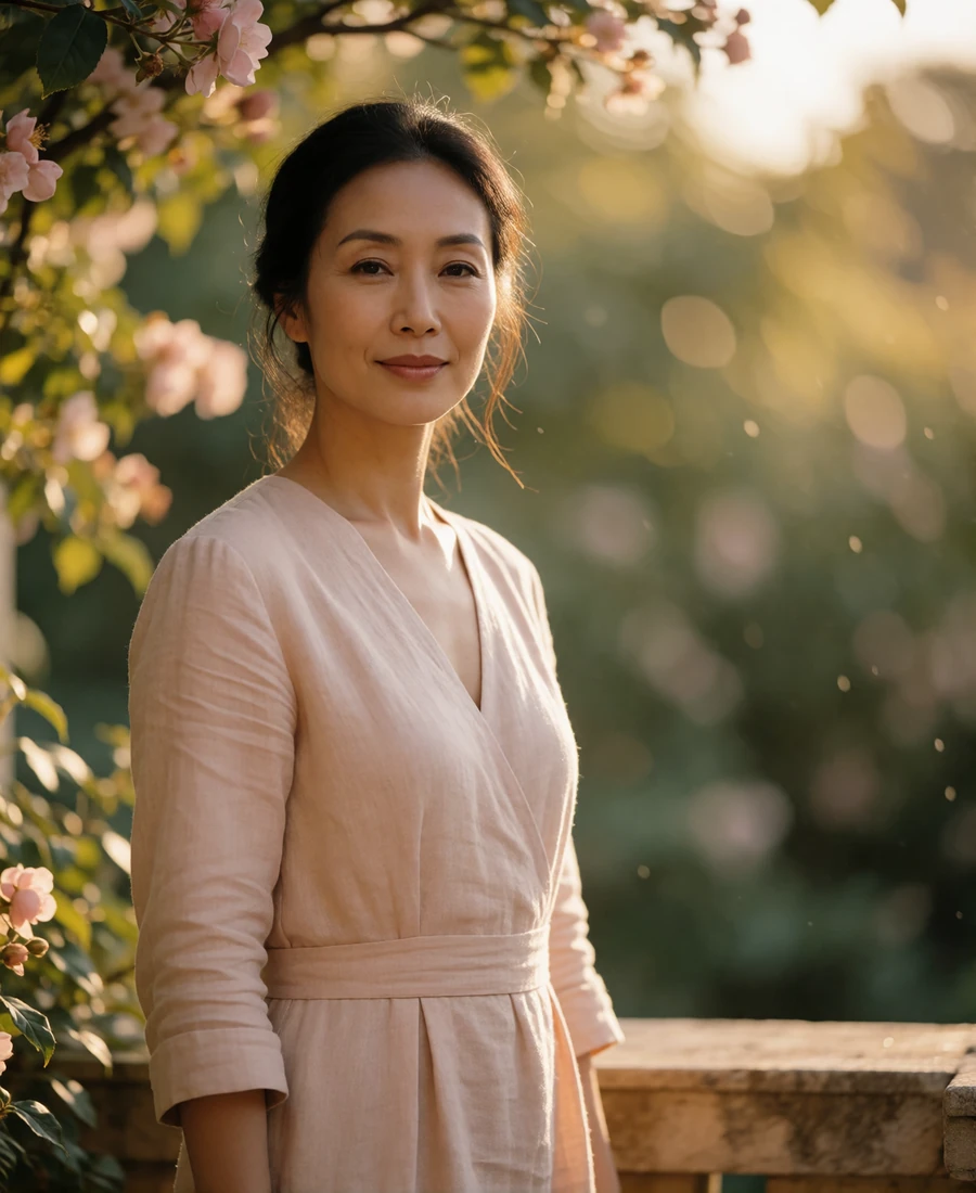 Verified Asian member in a blush linen dress standing on a quiet garden terrace in warm afternoon light
