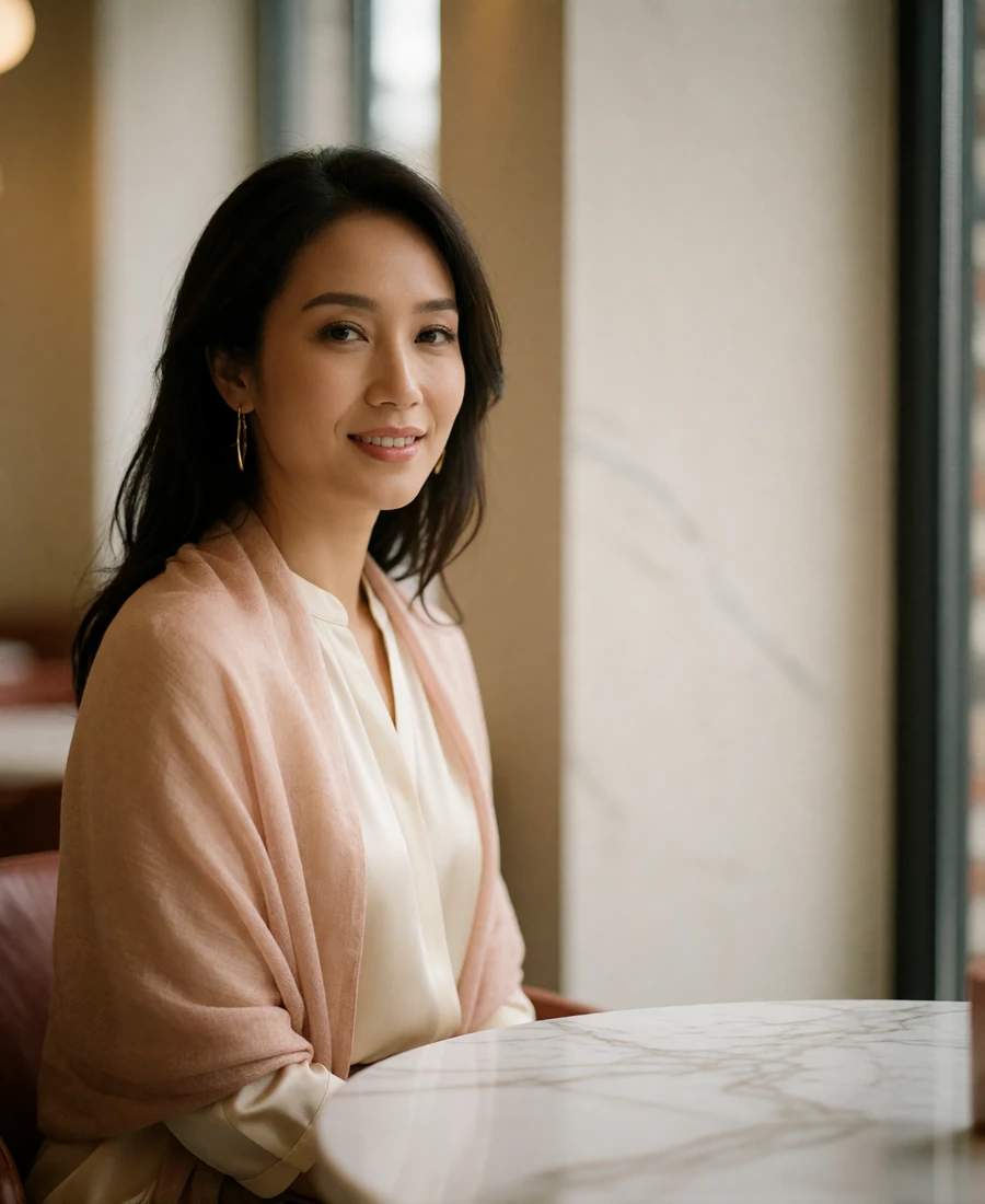 Elegant Malaysian woman in a cream blouse and blush shawl seated at a marble cafe table beside a sunlit window