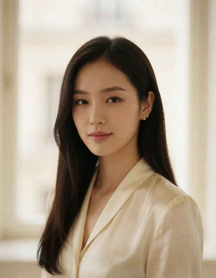 Smiling Korean woman with long dark hair in a cream silk blouse photographed against soft ivory bokeh