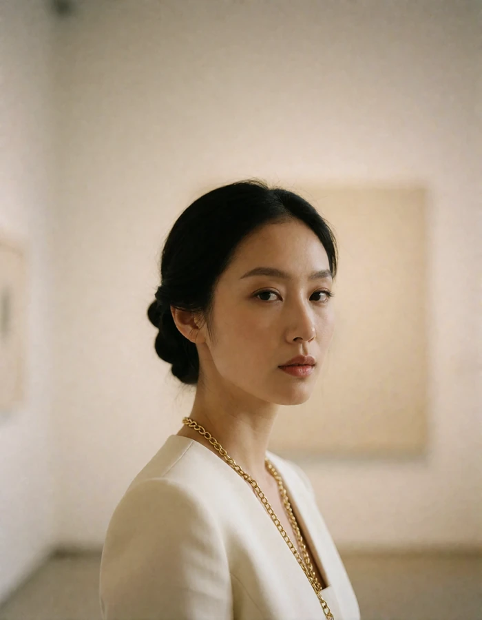 Composed Chinese woman in an ivory jacket photographed in a minimal art gallery interior