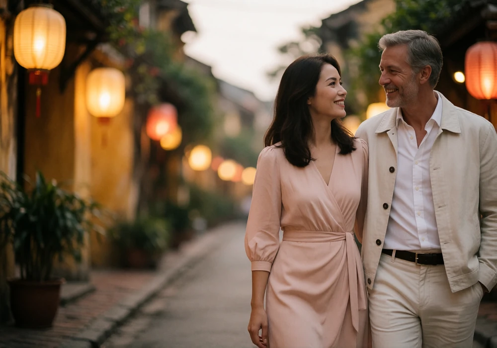 Couple walking together along a lantern-lit old-town street at dusk, smiling at one another