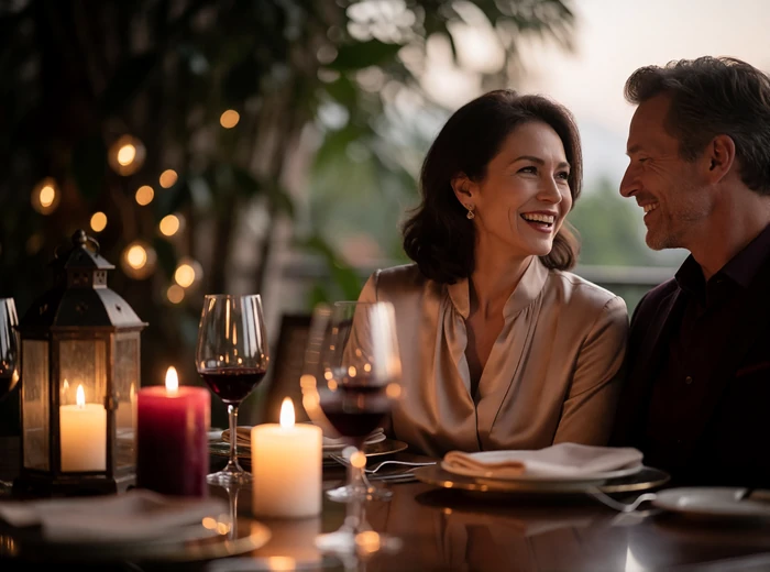 Mature couple sharing a warm laugh at a candlelit fine-dining terrace table