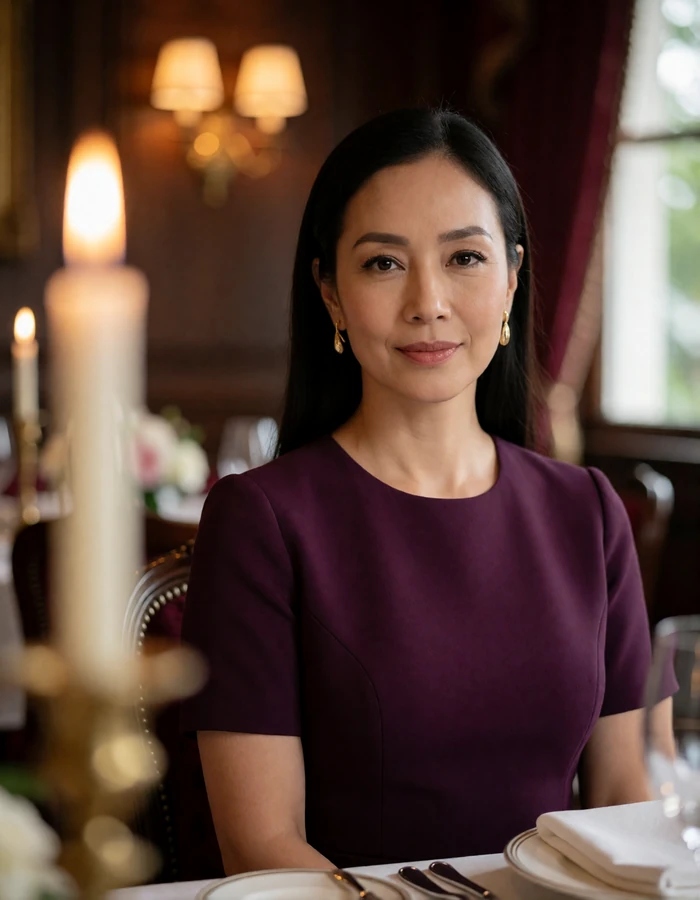 Filipina woman in an elegant plum dress seated at a fine dining table with a warm composed smile