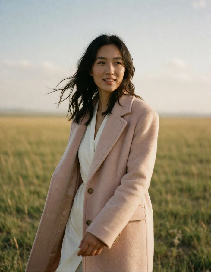 Mongolian woman with loose dark hair in a soft blush wool coat standing on open grassland