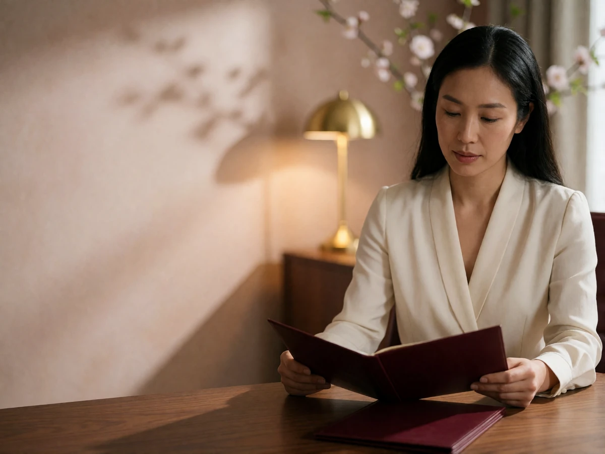 Asian businesswoman in an ivory blouse reviewing a closed leather folder at a walnut desk during profile review