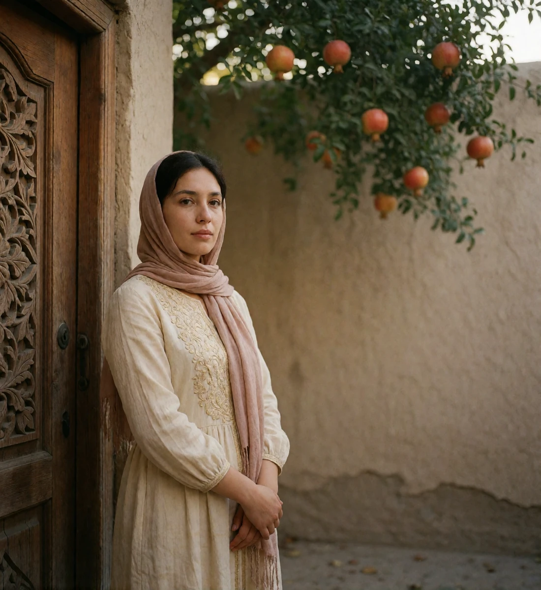 Composed Afghan woman in an ivory embroidered dress standing beside a carved wooden doorway in a quiet courtyard