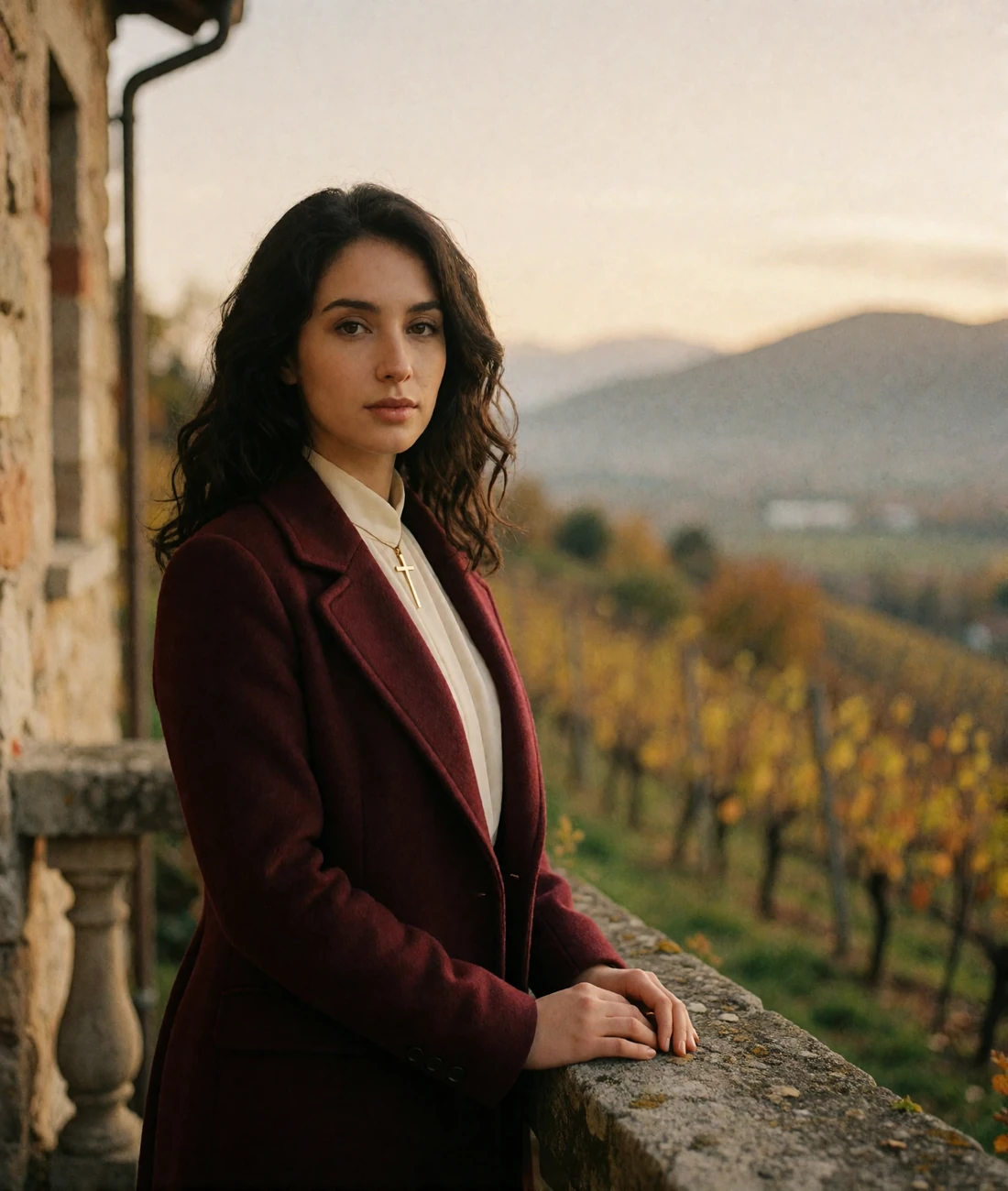 Armenian woman in a burgundy wool coat standing on a stone balcony overlooking a valley with vineyards and mountains
