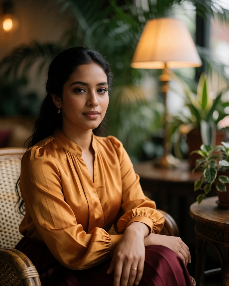 Graceful Sri Lankan woman in an amber-toned blouse seated in a plant-filled lounge with warm lamplight