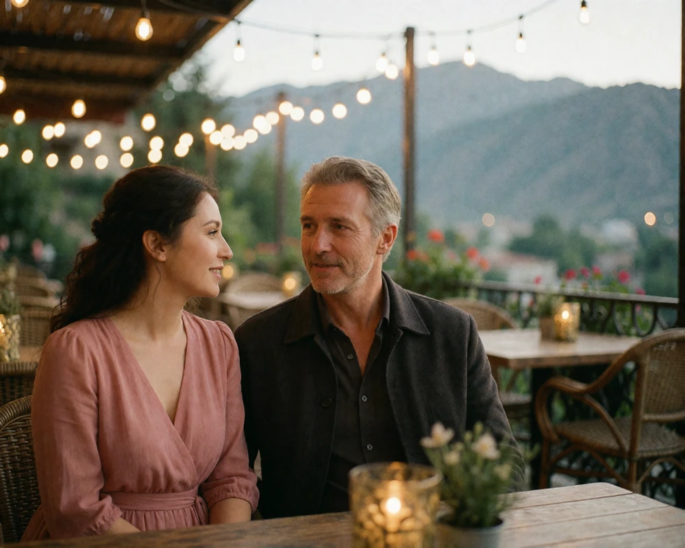 A Kyrgyz woman and an American man sitting together at an outdoor restaurant table at dusk, smiling mid-conversation