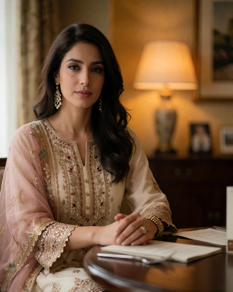 Poised Pakistani woman in a cream and pale gold kameez seated at a softly lit hotel lounge table
