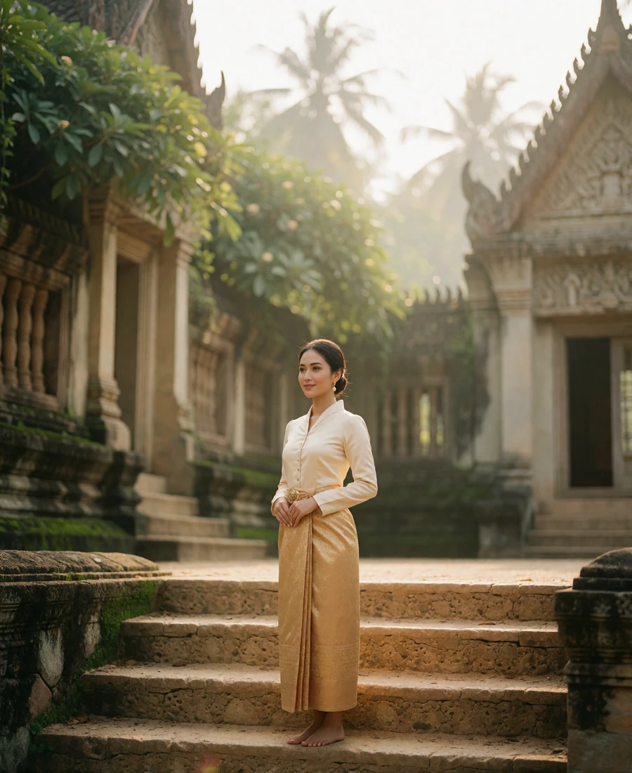 Poised Cambodian woman in a gold silk sampot standing on wide sandstone temple steps in soft morning light