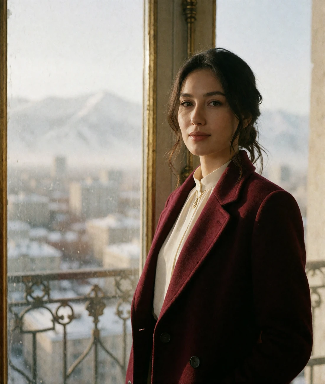 Elegant Kyrgyz woman in a wine-red wool coat standing by a tall window with a mountain cityscape behind her
