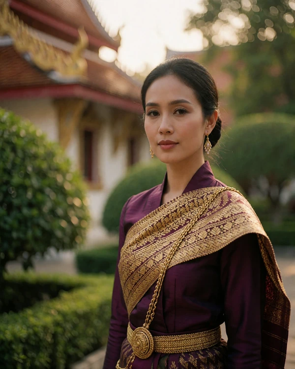 Refined Laotian woman in a deep plum silk blouse standing in a quiet temple garden