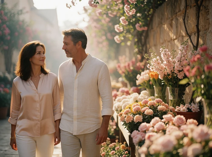 Mature couple walking together along a sunlit lane lined with flower stalls, sharing a warm glance