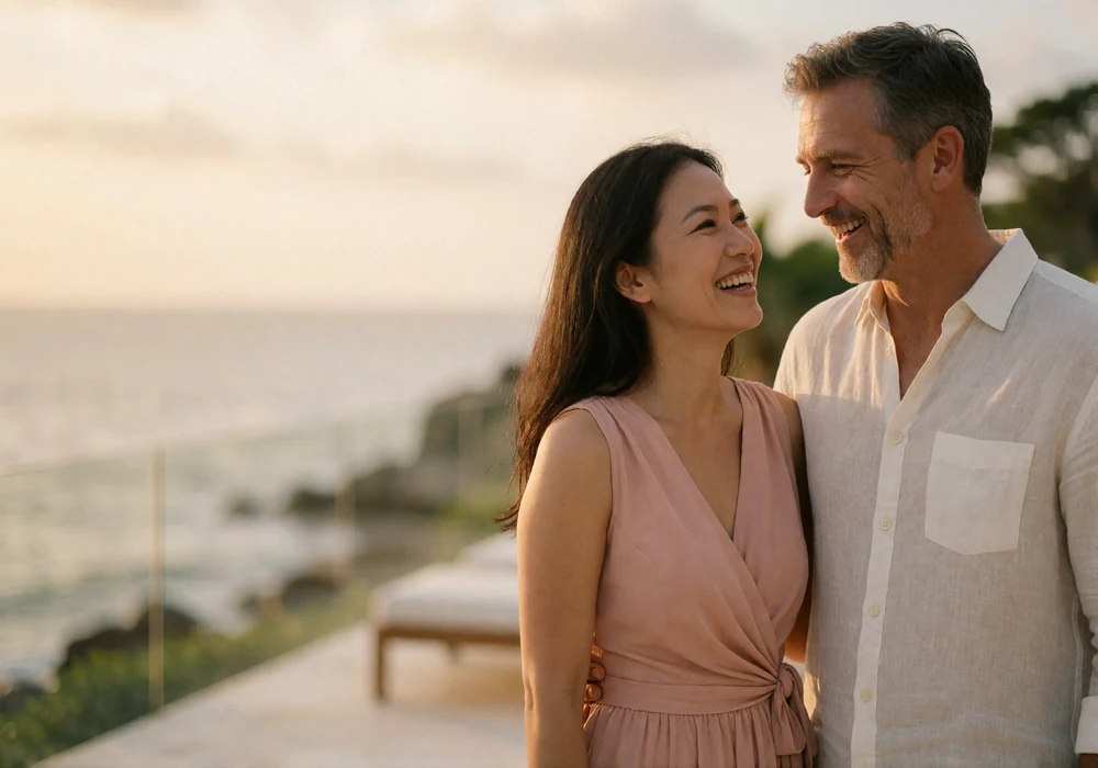 Couple laughing together on a seaside terrace at golden hour, an anonymous Filipina woman in a blush dress with her husband