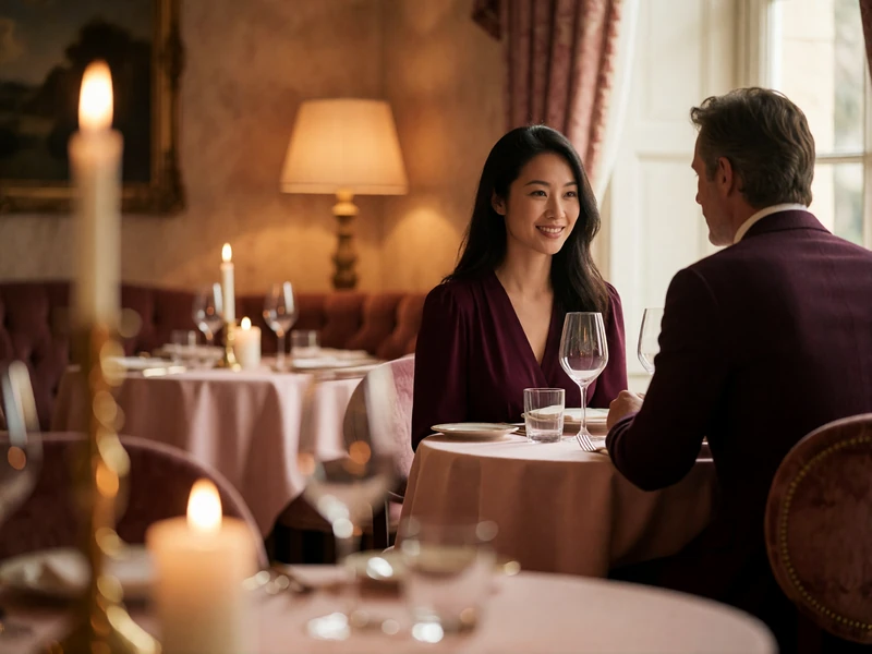 Couple sharing a quiet candlelit dinner at a refined restaurant, smiling across a small round table