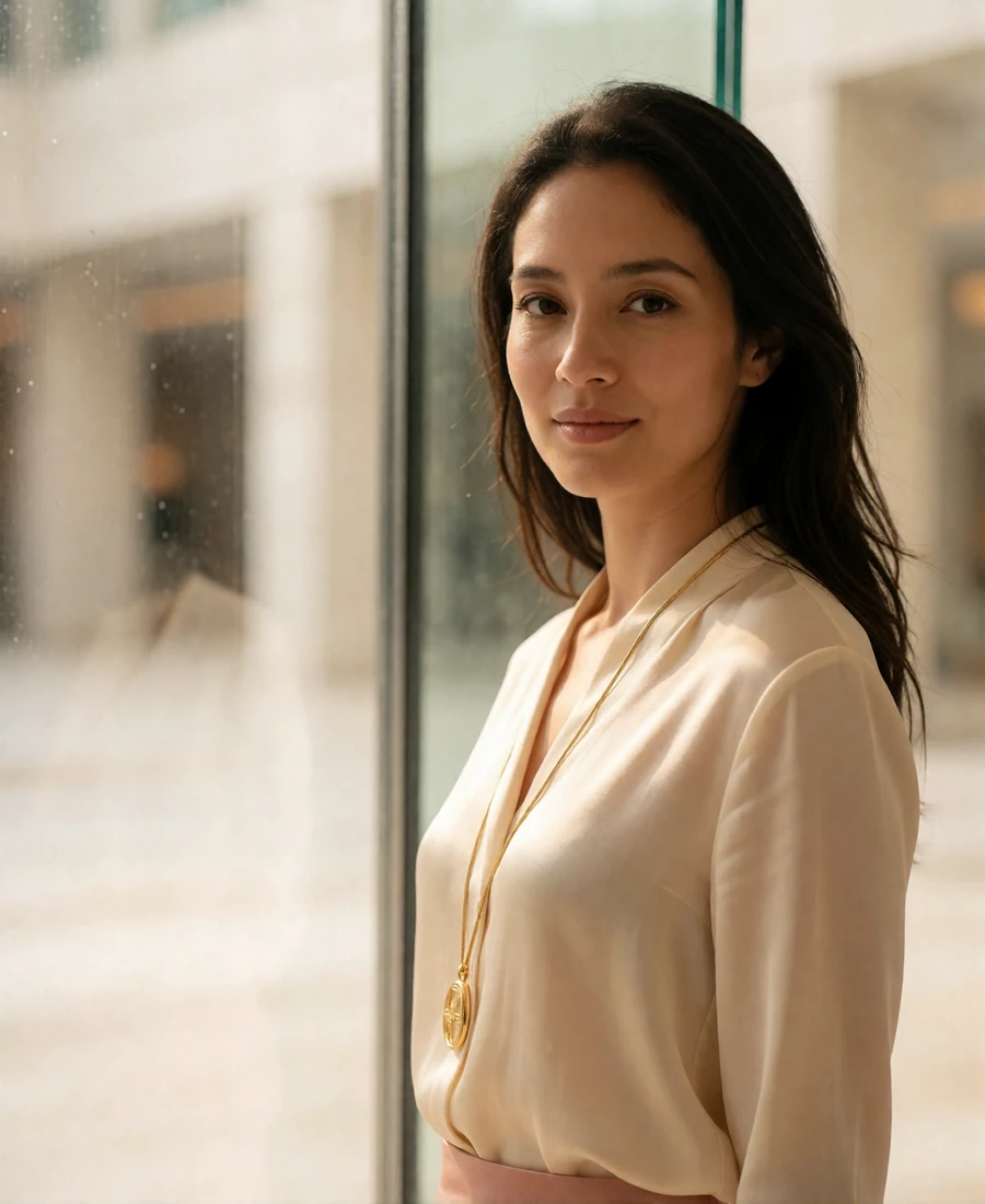 Elegant Singaporean woman in a cream silk blouse standing beside a glass wall in an upscale lobby