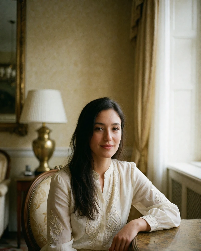 Warm Kyrgyz woman in an ivory embroidered blouse seated by a window in a hotel lounge