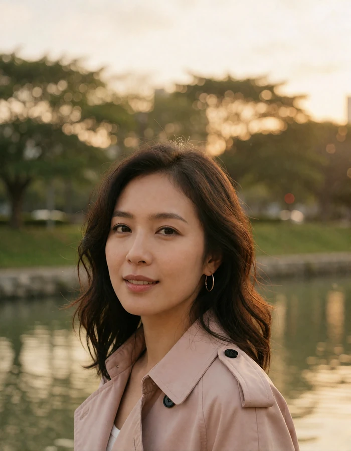 Elegant Taiwanese woman in a blush trench coat at a riverside park during golden hour