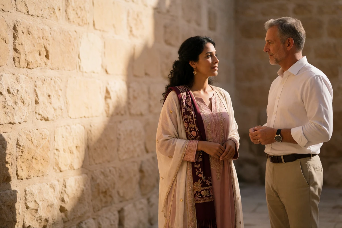 Couple standing together in a quiet stone courtyard at late afternoon in respectful conversation