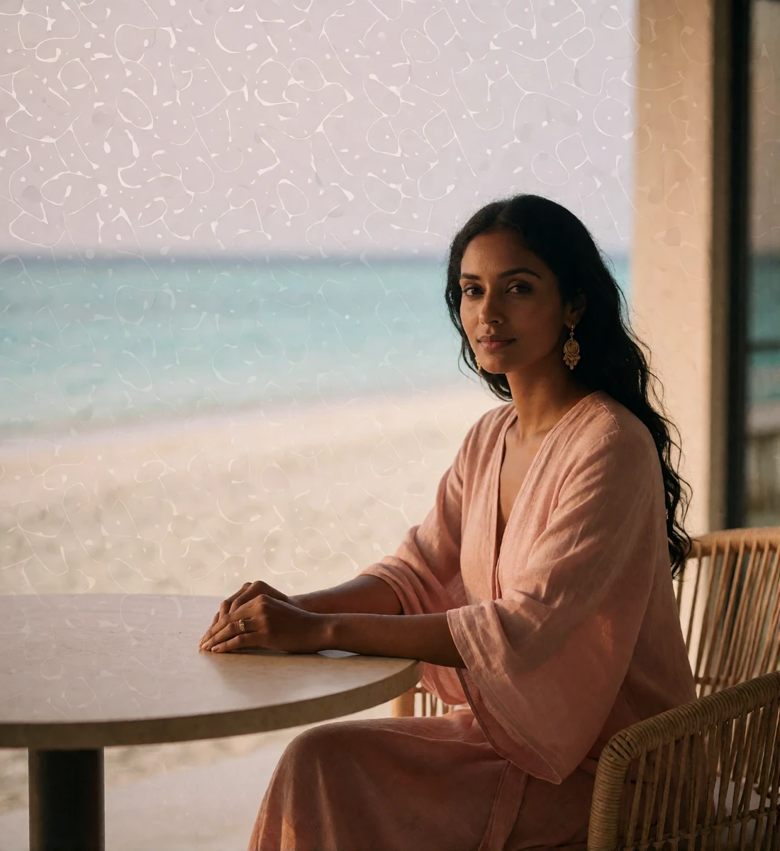 Elegant Maldivian woman seated at a shaded seaside veranda table with a turquoise lagoon softly blurred behind her