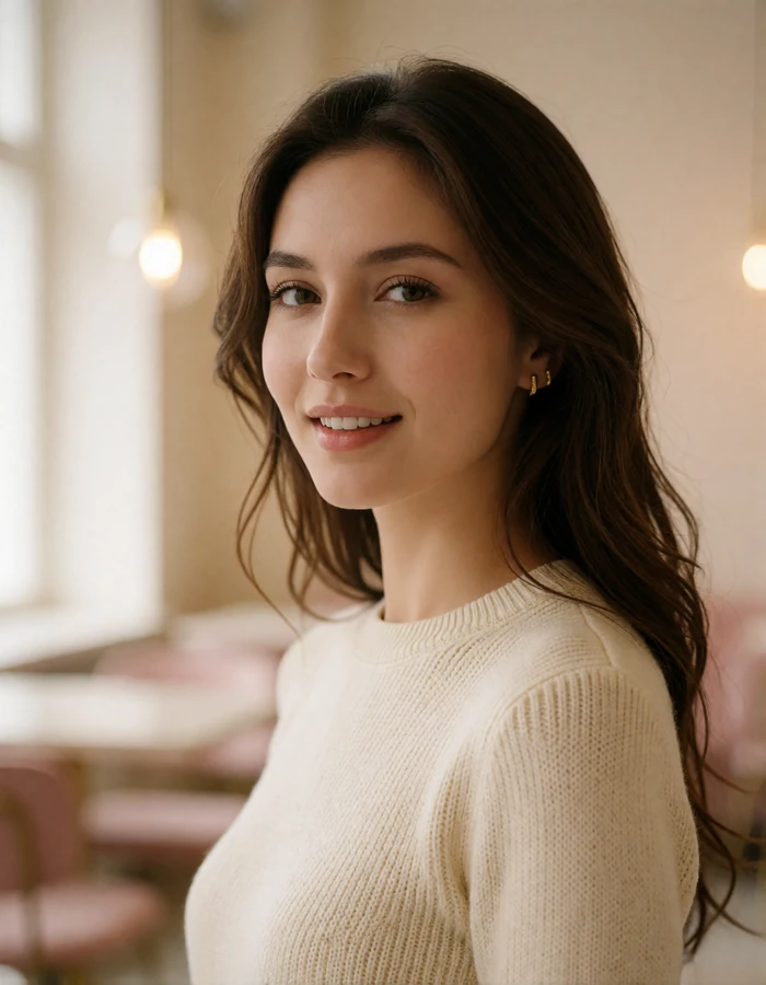 Smiling Kazakh woman in a cream knit top photographed in a bright cafe interior in Almaty
