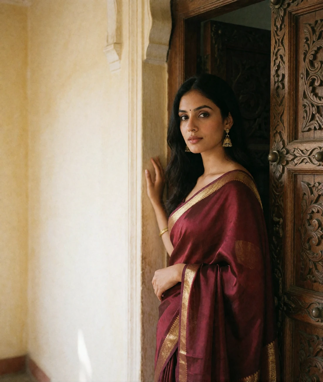Poised Indian woman in a deep wine silk saree standing beside a carved wooden doorway in an elegant heritage home