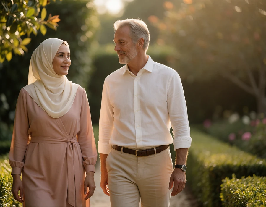 Couple walking together along a quiet landscaped garden path, smiling gently in conversation