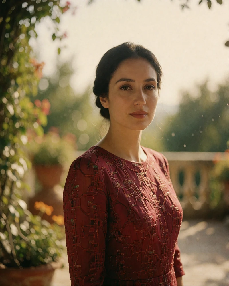 Composed Turkmen woman in a wine-red dress standing on a garden terrace with soft green bokeh behind her